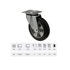   Forgó kerék, horganyzott villába szerelve, fekete tömörgumi futófelülettel, 100 mm, 180 kg, talpas felfogatás