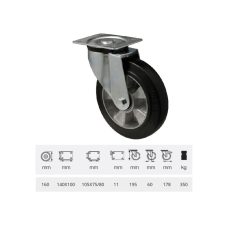   Forgó kerék, horganyzott villába szerelve, fekete tömörgumi futófelülettel, 160 mm, 350 kg, talpas felfogatás