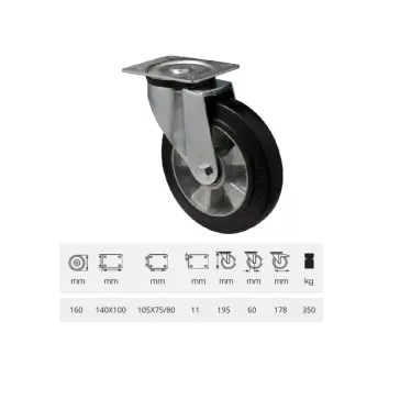   Forgó kerék, horganyzott villába szerelve, fekete tömörgumi futófelülettel, 160 mm, 350 kg, talpas felfogatás