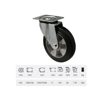 Forgó kerék, horganyzott villába szerelve, fekete tömörgumi futófelülettel, 160 mm, 350 kg, talpas felfogatás