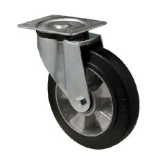   Forgó kerék, horganyzott villába szerelve, fekete tömörgumi futófelülettel, 200 mm, 400 kg, talpas felfogatás