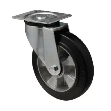   Forgó kerék, horganyzott villába szerelve, fekete tömörgumi futófelülettel, 200 mm, 400 kg, talpas felfogatás