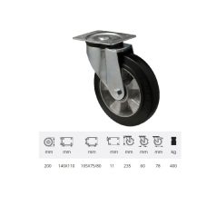   Forgó kerék, horganyzott villába szerelve, fekete tömörgumi futófelülettel, 200 mm, 400 kg, talpas felfogatás