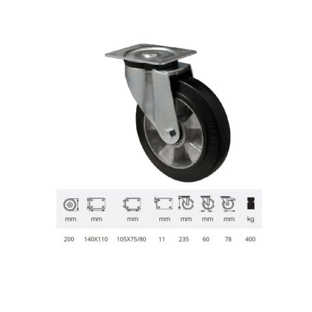 Forgó kerék, horganyzott villába szerelve, fekete tömörgumi futófelülettel, 200 mm, 400 kg, talpas felfogatás