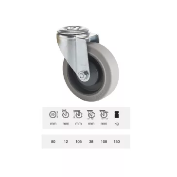   Forgó kerék, horganyzott villába szerelve, prémium PERFORMA tömörgumi futófelület, 80 mm, 120 kg teherbírás, furatos felfogatás