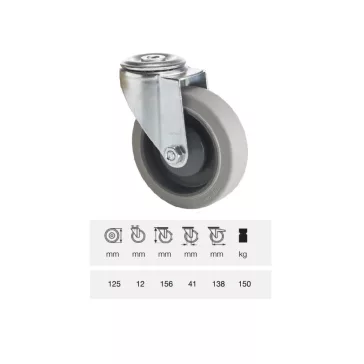   Forgó kerék, horganyzott villába szerelve, prémium PERFORMA tömörgumi futófelület, 125 mm, 150 kg teherbírás, furatos felfogatás