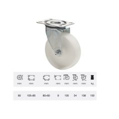 Poliamid, Talpas, Önbeálló görgő, 80 mm, 150 kg