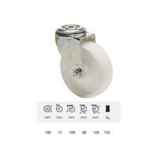   Forgó kerék, (polipropilén) műanyag futófelület, horganyzott villába szerelve, 100 mm, 150 kg teherbírás, furatos felfogatás