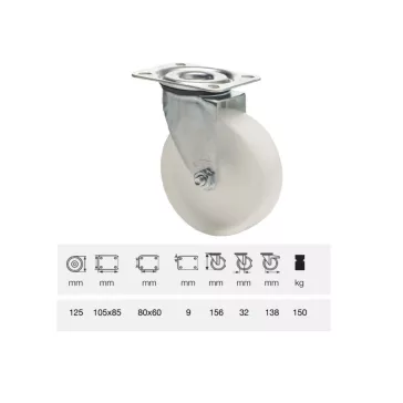 Poliamid, Talpas, Önbeálló görgő, 125 mm, 150 kg