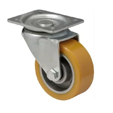   Forgó kerék, Poluretán futófelülettel, horganyzott villába szerelve, 100 mm, 250 kg teherbírás, talpas felfogatás