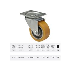   Forgó kerék, Poluretán futófelülettel, horganyzott villába szerelve, 100 mm, 200 kg teherbírás, talpas felfogatás