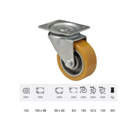 Poluretán, Talpas, Önbeálló görgő, 125 mm, 250 kg