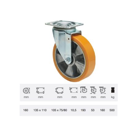 Poluretán, Talpas, Önbeálló görgő, 160 mm, 500 kg