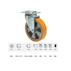 Poluretán, Talpas, Önbeálló görgő, 200 mm, 500 kg