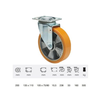 Poluretán, Talpas, Önbeálló görgő, 200 mm, 500 kg