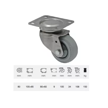   Forgó kerék, rozsdamentes villába szerelve, prémium PERFORMA tömörgumi futófelület, 80 mm, 120 kg teherbírás, talpas felfogatás