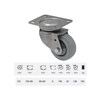   Forgó kerék, rozsdamentes villába szerelve, prémium PERFORMA tömörgumi futófelület, 125 mm, 150 kg teherbírás, talpas felfogatás