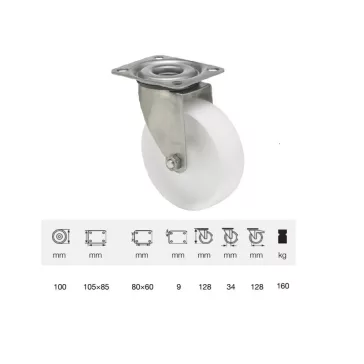   Forgó kerék, (polipropilén) műanyag futófelület, horganyzott villába szerelve,100 mm, 160 kg teherbírás, talpas felfogatás