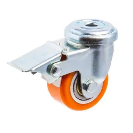 Alumínium kerék, Pur futófelülettel, Hátfuratos, Forgó-fékes, 50 mm, 150 kg teherbírás