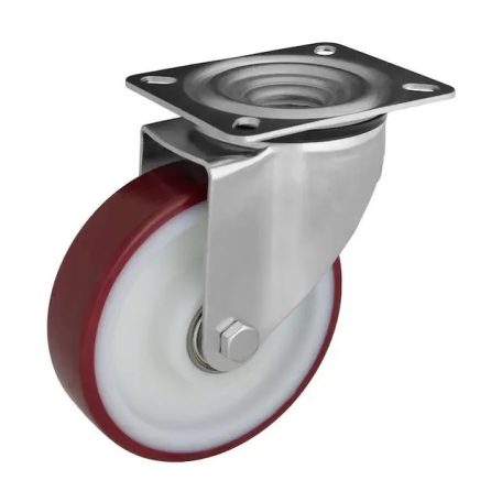 Poliuretán futófelülettel, talplemezes-önbeálló, horganyzott villába szerelve, 100 mm, 150 kg teherbírás