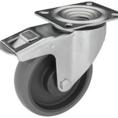   Intézményi szürke nyommentes, forgó-fékes görgő, szerelőlappal, elasztikus gumi, 200 mm