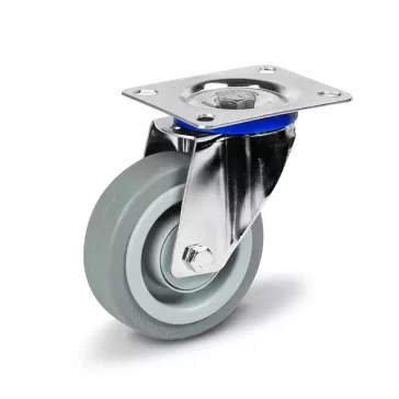   Termoplasztikus gumi futófelületű, Önebálló talpas görgő, inox villában, 100mm