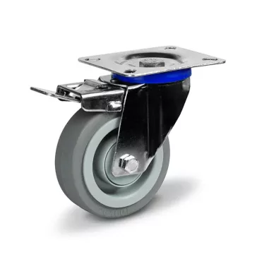   Termoplasztikus gumi futófelületű, forgó-fékes talpas görgő, inox villában, 100mm