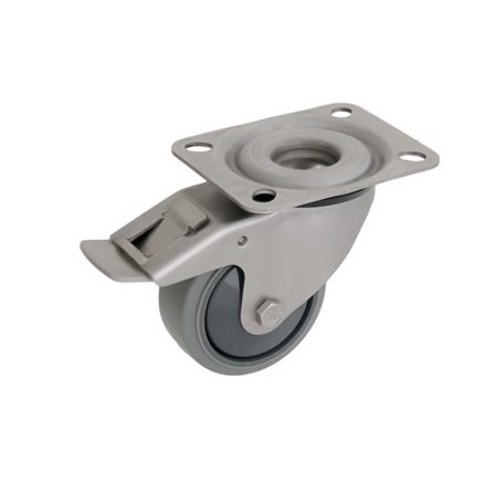Rozsdamentes görgő talplemezzel, forgó-fékes, termoplasztikus gumi futófelületŰ 100 mm