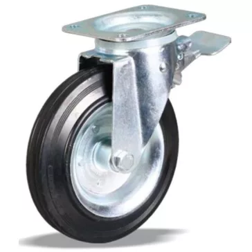   Tömörgumis, Fémfelnis, forgó-fékes konténer kerék, 200 mm, 250 kg