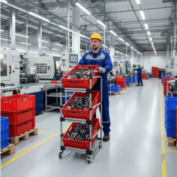 Raktári rendszerezés: szállító rollerek, osztók, betétdobozok és szállítókocsik